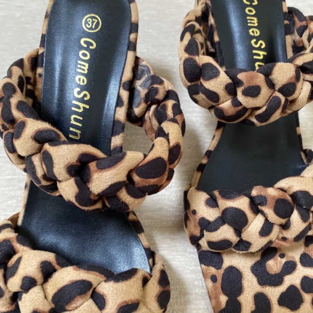 Women’s Low Block Sandals Heels Mules Braided Square Toe Shoes Leopard Size 7 - Picture 4 of 8